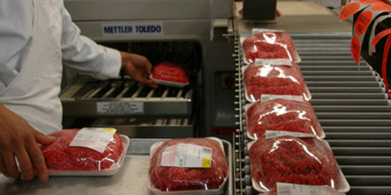 Person Putting Meat Into a Hollymatic Meat Packaging Machine From Hess Meat Machines